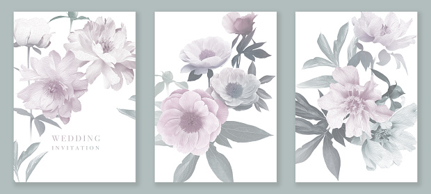 Floral cards set. Garden beautiful flowers and place for inscription. Blooming peonies and leaves pastel color. Vintage illustration. Background for wedding decor, greetings, invitations.