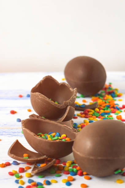 istock Easter Chocolate Eggs, Multicolored Sweets on the Old White Wooden Background. Easter concept 1203735696