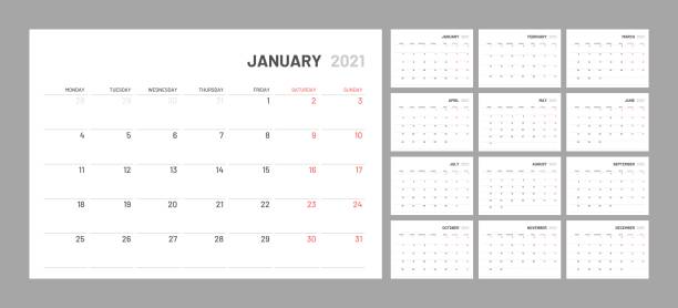 ilustrações, clipart, desenhos animados e ícones de calendário para 2021 novo ano em mesa mínima limpa estilo simples. - backgrounds printout business paper