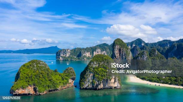 Aerial View Phra Nang Cave Beach With Traditional Long Tail Boat On Ao Phra Nang Beach Railay Bay Krabi Thailand Stock Photo - Download Image Now