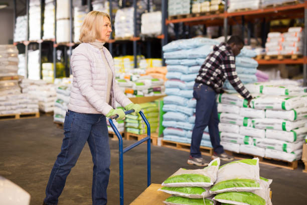 istock Ordinary mature workwoman carrying trolley 1203742168