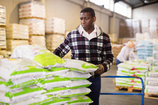 istock Confident African American warehouse worker loading sacks on trolley cart 1203742169