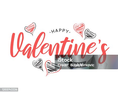 istock Valentines Day lettering card with hand drawn hearts. Vector 1203742226