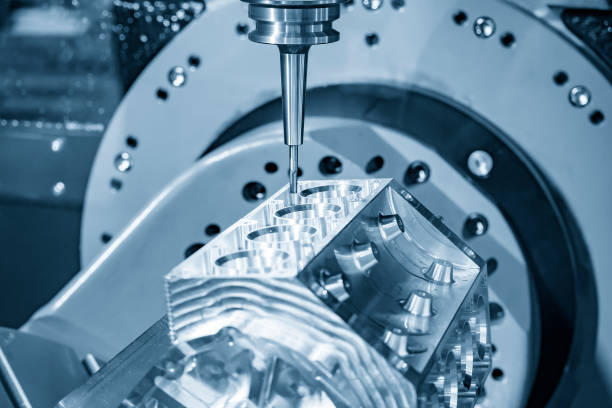 istock The 5-axis CNC milling machine  cutting the aluminium V8 engine block  by solid ball endmill tools in the light blue scene. 1203742703