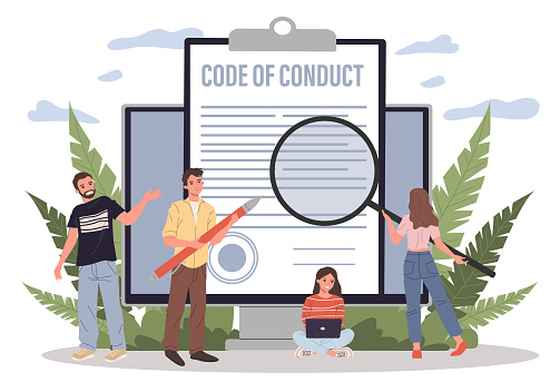 Business people studying code of conduct paper vector illustration. Office people working on company ethical integrity document on laptop screen. Code of business ethics and values