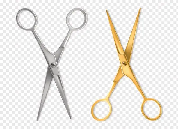 Vector illustration of Realistic scissors. Silver and gold metal classic scissors tool mockup, hairdresser or tailor instrument isolated vector set