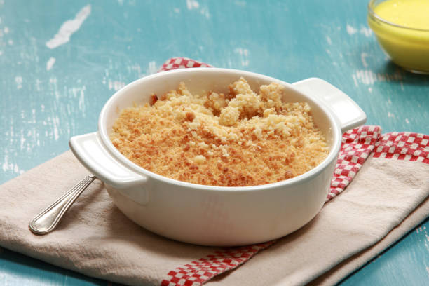 Freshly baked Apple Crumble Pie on linen napkin