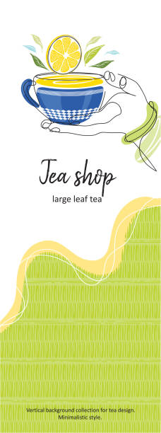 Vertical background for tea design. Tea shop. Vertical background for tea design. A cup of tea in the hand. Hand with a cup. Tea with lemon. Blue mug. Tea shop. Minimalistic graphics. One line. food sample cups stock illustrations