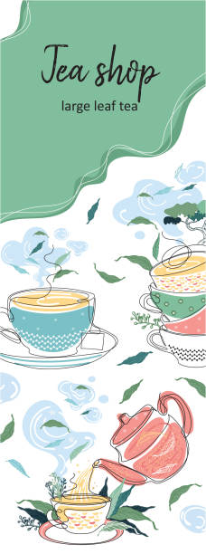 Vertical background for tea design. Tea shop. Teapot and cups. Tea is pouring from the kettle.Vertical background for tea design. Tea shop. Minimalistic graphics. One line. food sample cups stock illustrations