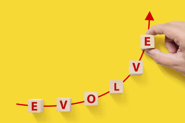istock Wooded cube block on yellow background with word EVOLVE and copy space for your text 1203745964