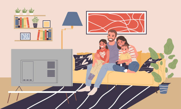 Family with kids at TV vector illustration Family with kids at TV vector illustration. Happy man, woman, boy, girl sitting together on couch at home, watching movie. Young couple with children for house interior, entertainment, love concept kids watching tv stock illustrations