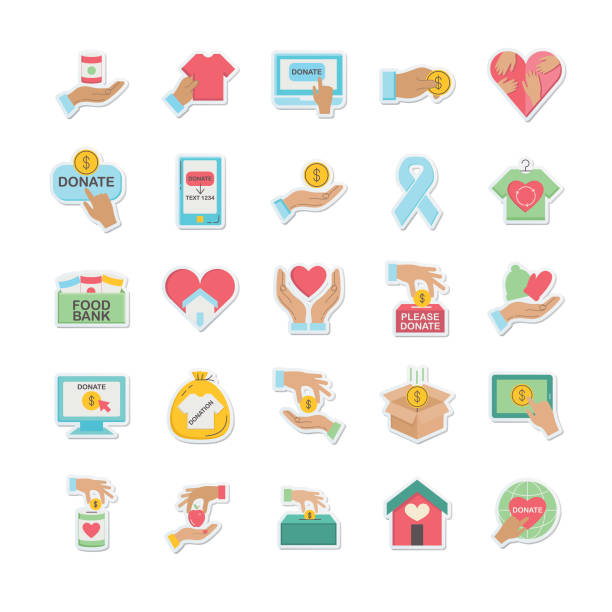 Charity And Donation Icon Sticker Charity And Donation Icon In Flat Design Style Sticker. food bank vector stock illustrations