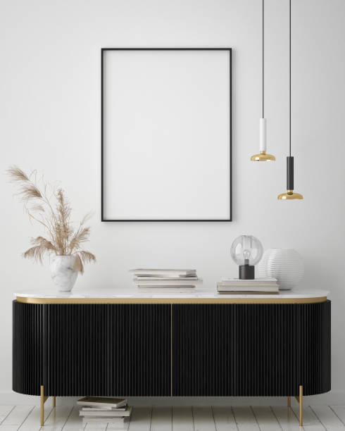 istock mock up poster frame in modern interior background, scandinavian style, 3D render 1203751202