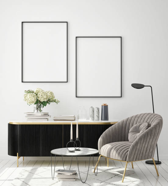istock mock up poster frame in modern interior background, scandinavian style, 3D render 1203751210