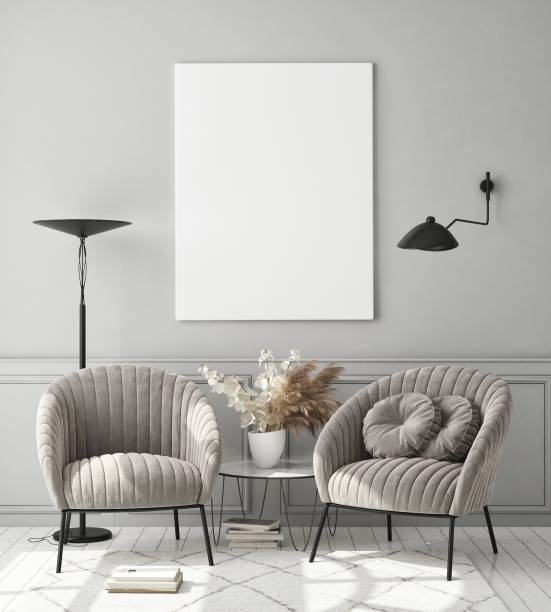 istock mock up poster frame in modern interior background, scandinavian style, 3D render 1203751217