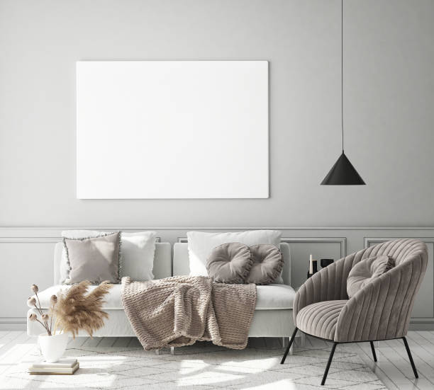 istock mock up poster frame in modern interior background, scandinavian style, 3D render 1203751246