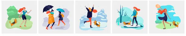 Vector illustration of Young woman with her dog in various weather conditions. Girl in seasonal clothes and enjoys walking on street in rain, snowfall, summer heat