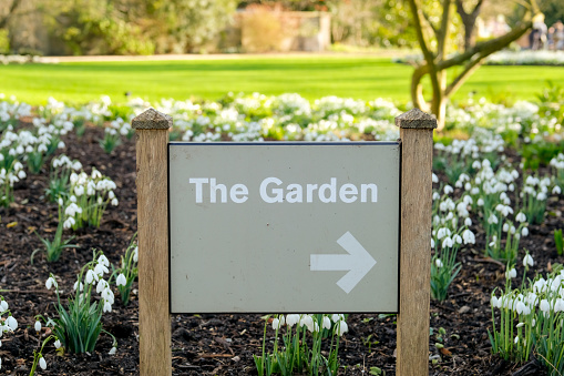 The sign directs visitors around the various types of plants and flowers growing.