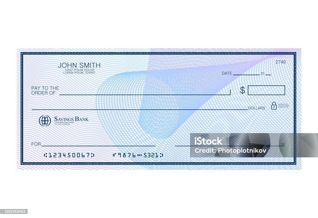 Blank bank cheque with abstract watermark. Personal desk check template with empty field to fill. Banknote, money design,currency, bank note, voucher, gift certificate, money coupon vector Blank bank cheque with abstract watermark. Personal desk check template with empty field to fill. Banknote, money design,currency, bank note, voucher, gift certificate, money coupon Check - Financial Item stock vector