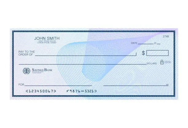 Vector illustration of Blank bank cheque with abstract watermark. Personal desk check template with empty field to fill. Banknote, money design,currency, bank note, voucher, gift certificate, money coupon vector