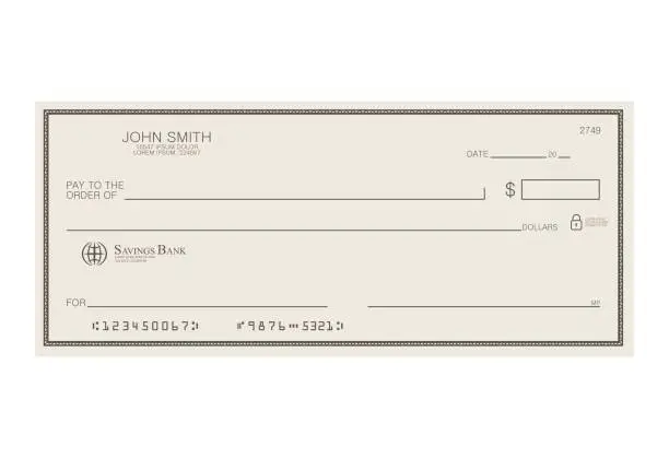 Vector illustration of Blank bank cheque. Personal desk check template with empty field to fill. Banknote, money design,currency, bank note, voucher, gift certificate, money coupon vector illustration.