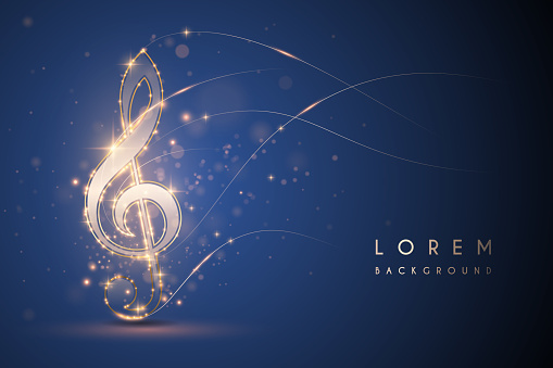 Gold light music note on blue background in vector