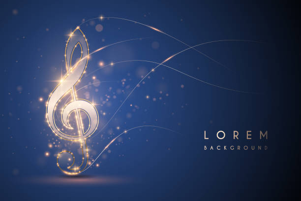 Gold light music note on blue background Gold light music note on blue background in vector music backgrounds stock illustrations