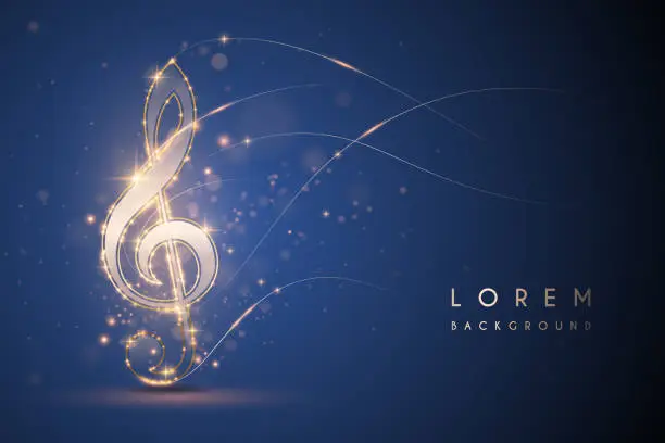 Vector illustration of Gold light music note on blue background