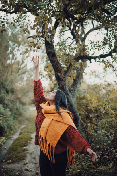 istock Young woman trying to catch a pear from tree 1203757302