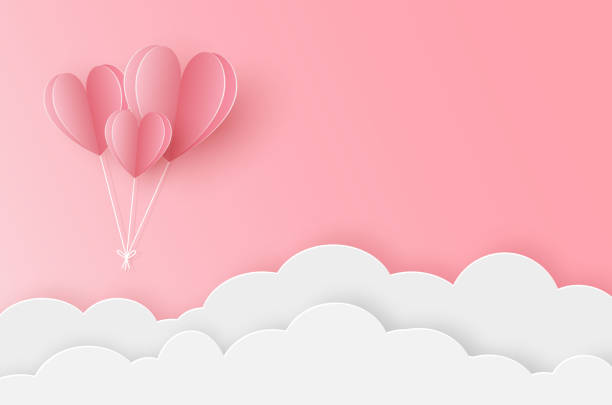 illustrazioni stock, clip art, cartoni animati e icone di tendenza di palloncini di cuore di carta che volano sul cielo rosa - vector valentine card craft valentines day