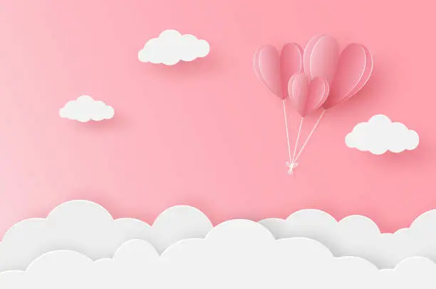 Vector illustration of Paper heart balloon flying on the pink sky