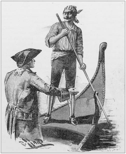 골동품 일러스트: 곤돌라에 - gondolier engraving engraved image illustration and painting stock illustrations