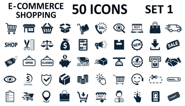 웹 개발 앱 및 웹 사이트를 위한 50개의 쇼핑 아이콘 중 1개, 상점 간판 전자 상거래 설정 - 스톡 벡터 - selling e commerce sale internet stock illustrations