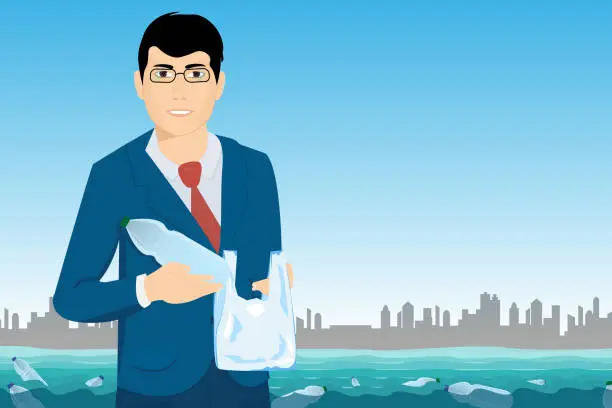 Vector illustration of Plastic bottles at sea. Oceans pollution by plastic waste. Cleaning garbage out of the water.