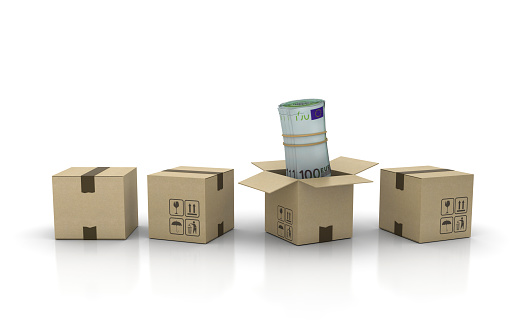 Cardboard Box with Euro Money Roll - 3D Rendering