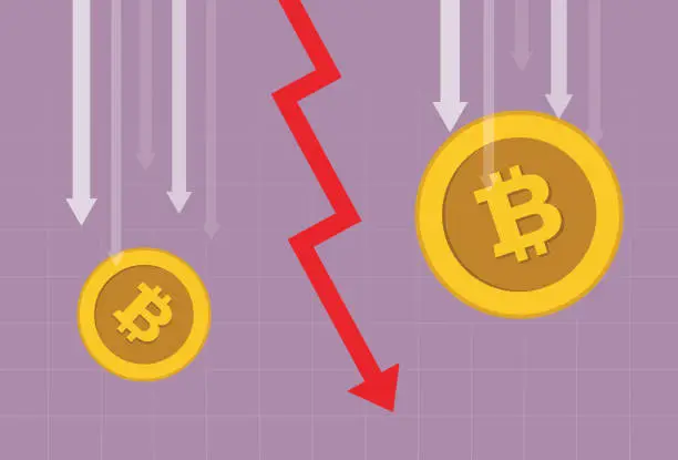 Vector illustration of Cryptocurrency coin and red arrow going down