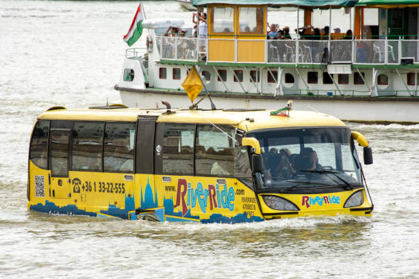 Budapest, Hungary - July 9, 2015: Riverride floating bus cruising at Danube River across Budapest, the capital city of Hungary.