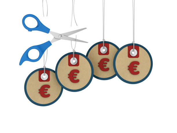 euro sign price tags with scissors hanging on white background - 3d rendering - selling buy cube three dimensional shape imagens e fotografias de stock
