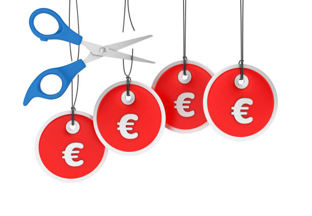 euro sign price tags with scissors hanging on white background - 3d rendering - selling buy cube three dimensional shape imagens e fotografias de stock