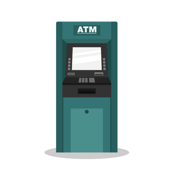 ilustraciones, imágenes clip art, dibujos animados e iconos de stock de diseño plano atm - cajero automático