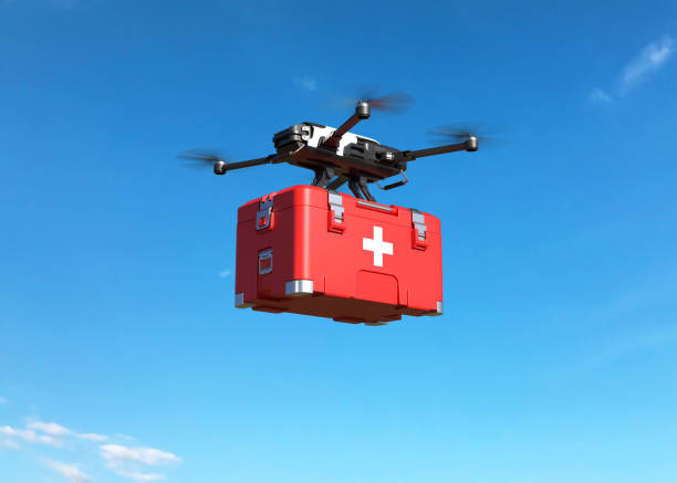 Drone with first aid kit on blue sky, Emergency medical care concept Drone with first aid kit on blue sky, Emergency medical care concept. 3D illustration unmanned aerial vehicle stock pictures, royalty-free photos & images