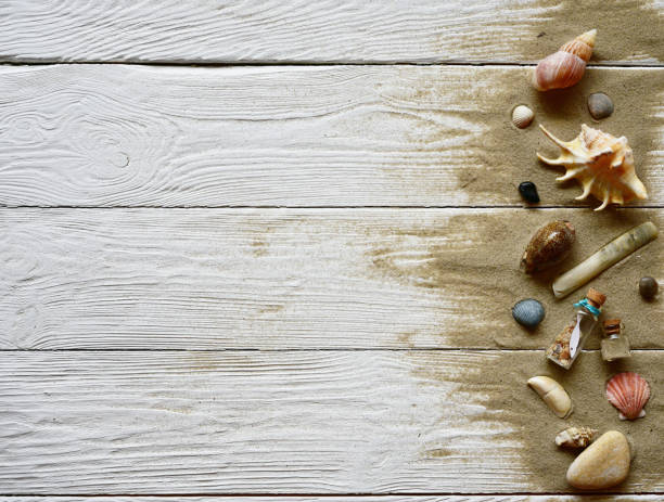 istock Sea shells, pebbles and sand on a white wooden background. Top view. Summer background. 1203770216