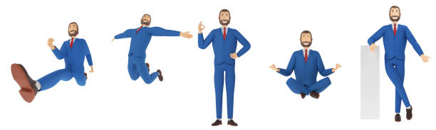 businessman ready pose hand on waist, 3d businessman wearing long shirt and blue tie on blue background