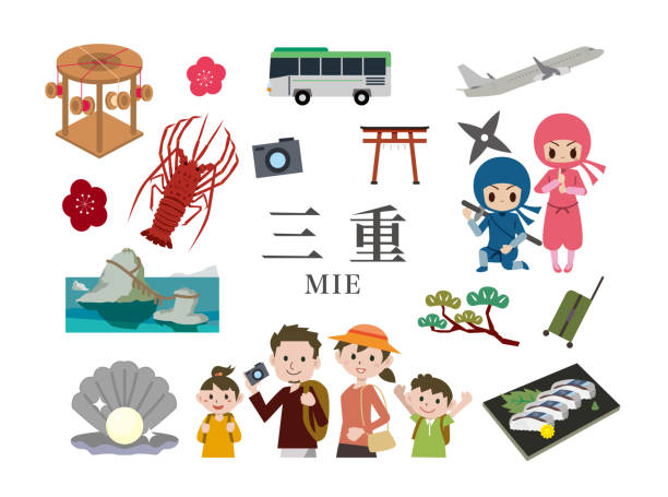 ilustraciones, imágenes clip art, dibujos animados e iconos de stock de hacer turismo en mie, japón - ise