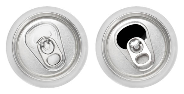istock Top view of closed and opened aluminium cans on white 1203774799