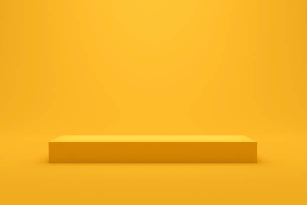 istock Yellow podium shelf or empty studio display on vivid summer background with minimal style. Blank stand for showing product. 3D rendering. 1203775959