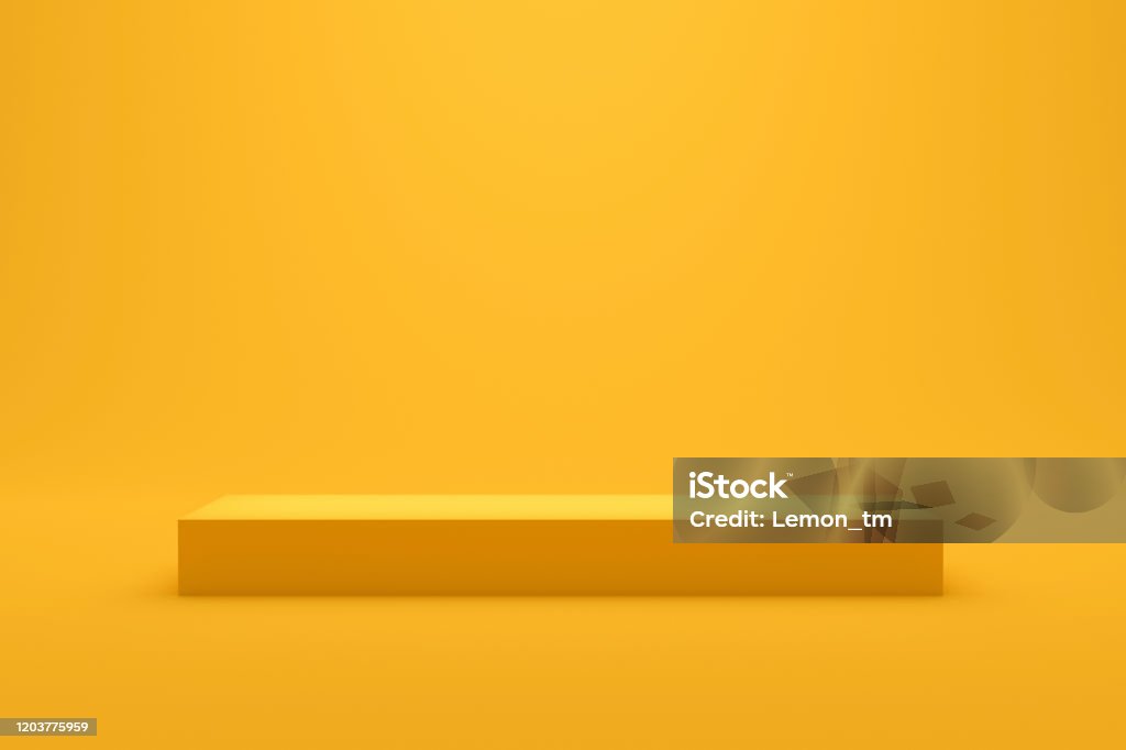 Yellow podium shelf or empty studio display on vivid summer background with minimal style. Blank stand for showing product. 3D rendering. Backgrounds Stock Photo
