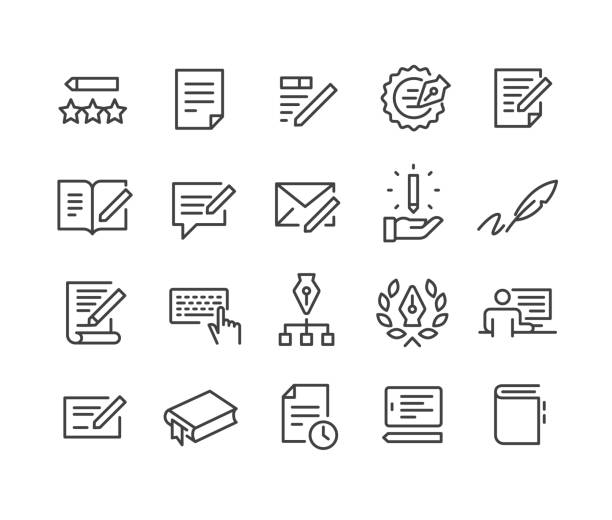 copywriting icons set - classic line series - article publication newspaper document stock-grafiken, -clipart, -cartoons und -symbole