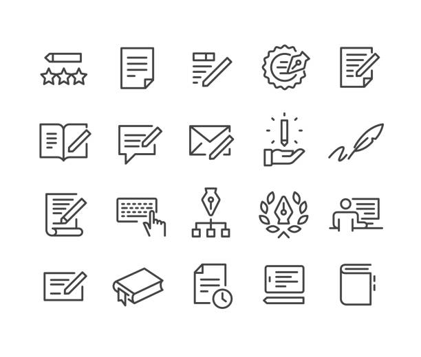 ilustraciones, imágenes clip art, dibujos animados e iconos de stock de conjunto de iconos de escritura - serie de líneas clásicas - typebar
