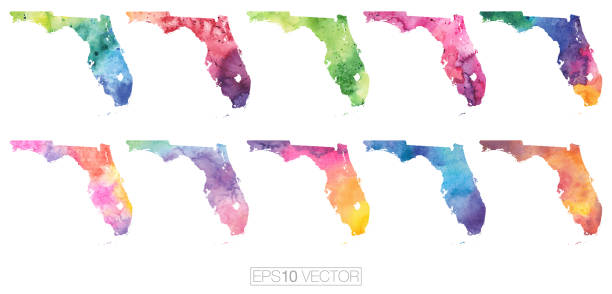 Florida Watercolor Vector Map Illustration Set vector art illustration